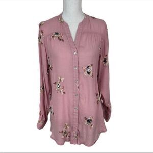 Fig & flower pink embroidered button down L